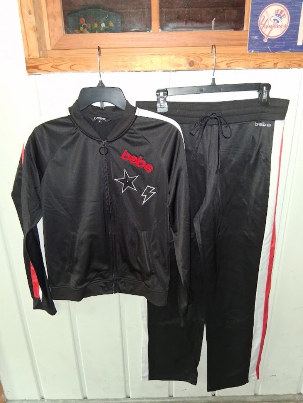 Bebe Sport Black Racing Stripe Bling Zip Jacket & Pants Set Sz M/L
